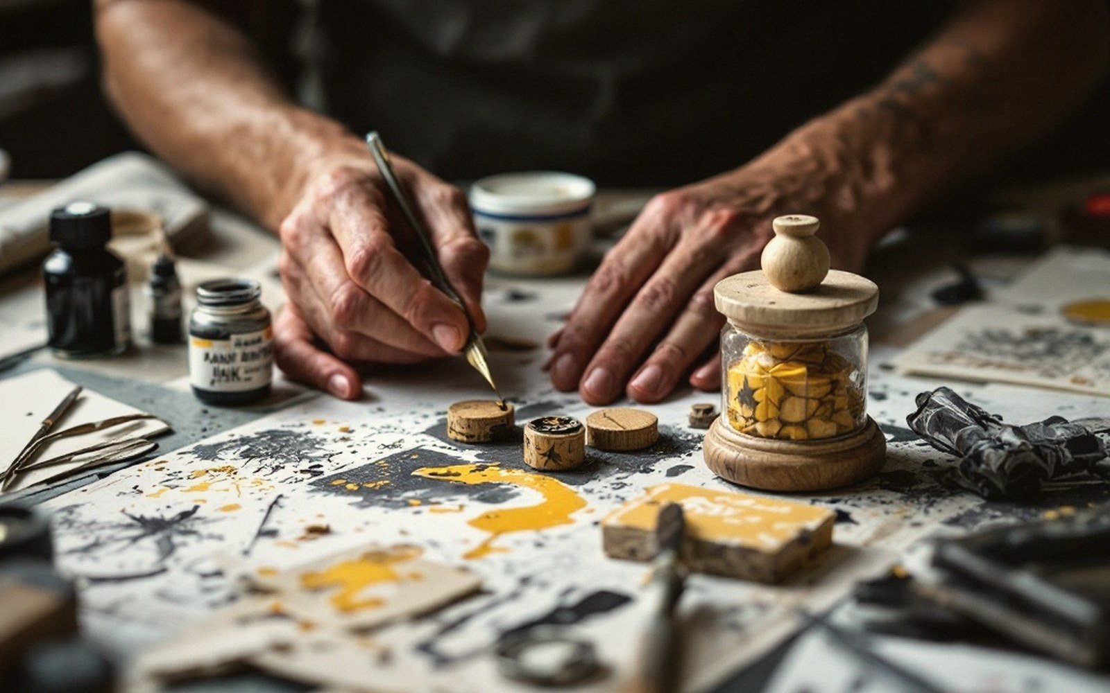 Hands using a dip pen amid ink bottles, splatters and small carved stamps on a cluttered desk