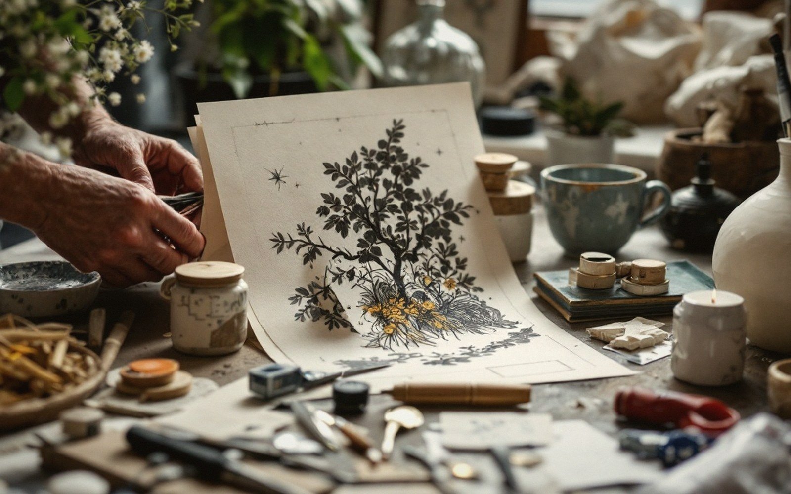Hands sketching a botanical tree illustration on paper amid cluttered art studio tools