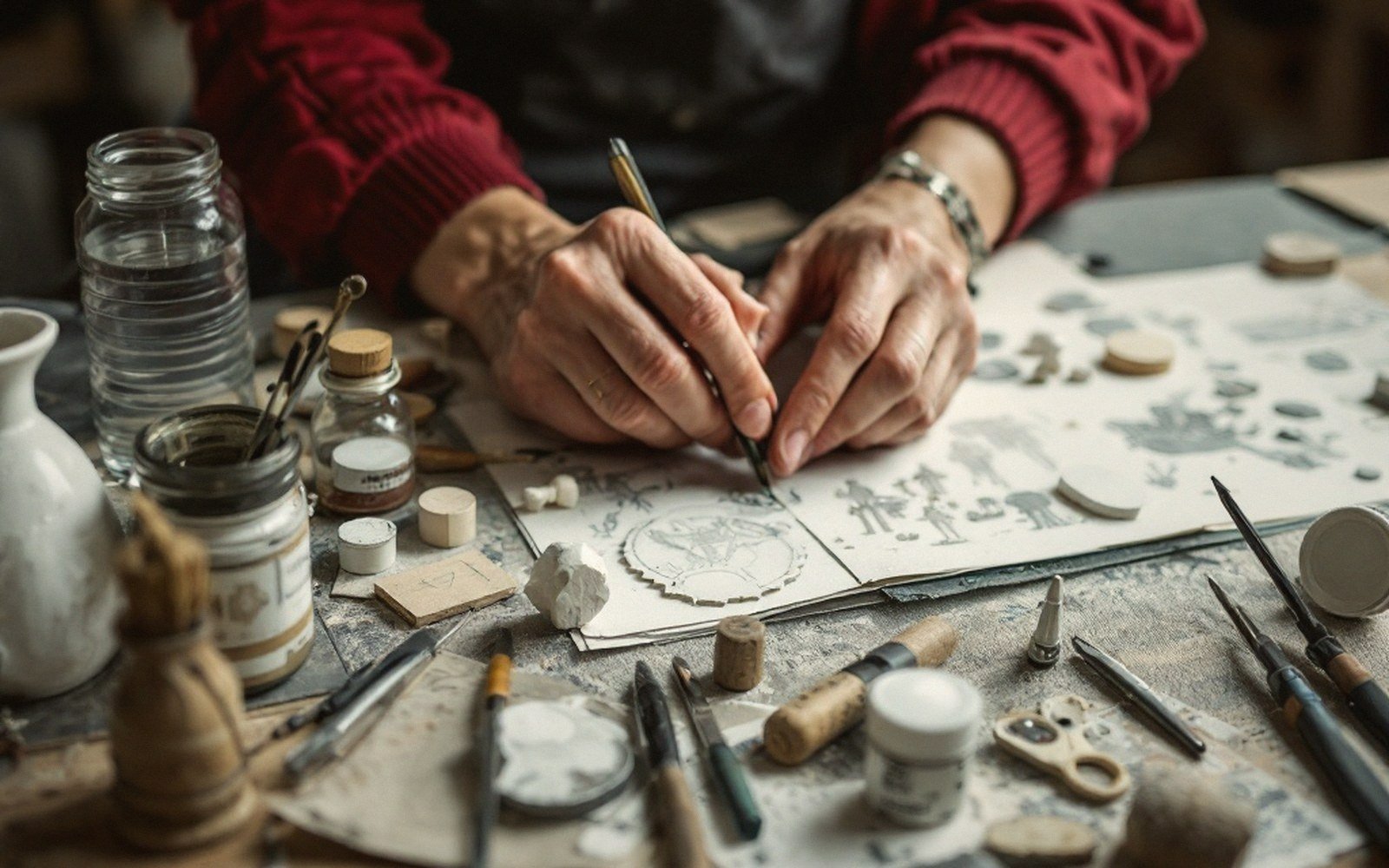 Hands sketching a design on paper surrounded by small jars, tools and paint