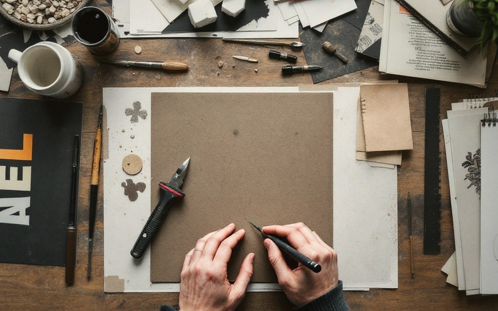 Hands sketching on brown paper amid a cluttered desk of art tools and papers