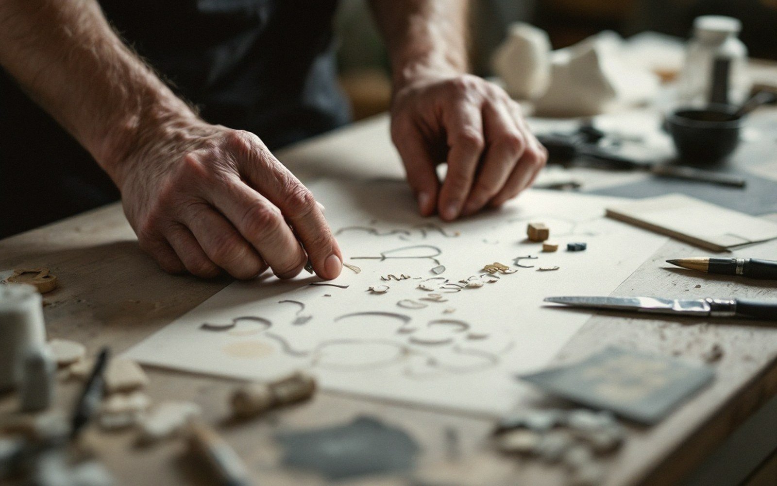 Hands arranging tiny cut paper letters on a workbench cluttered with tools