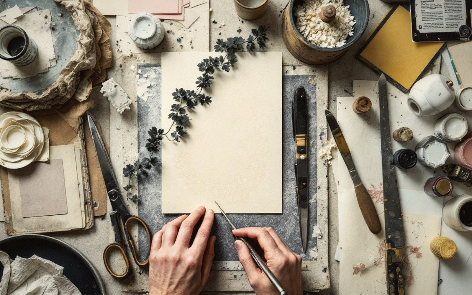 Hands cutting blank paper with a craft knife amid scissors, ink bottles and paper flowers