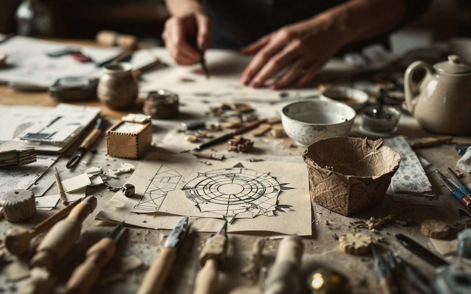 Hands sketch a circular design amid scattered carving tools and paper cutouts on a cluttered worktable