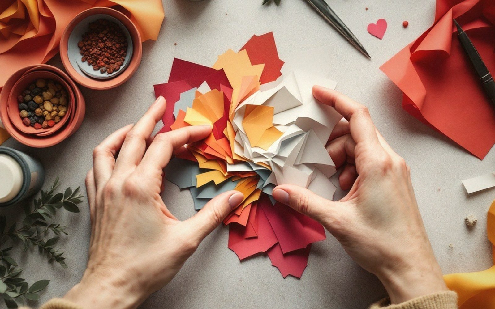 A half-finished cut-paper piece photographed at an awkward overhead angle, one hand visible at the edge holding a corner flat